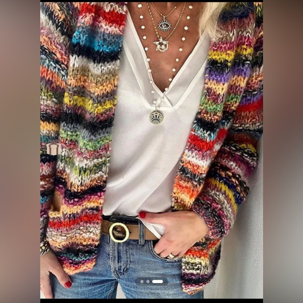 NWT Noracora Knit Rainbow Strip Open Front Cardigan Sweater with Pockets